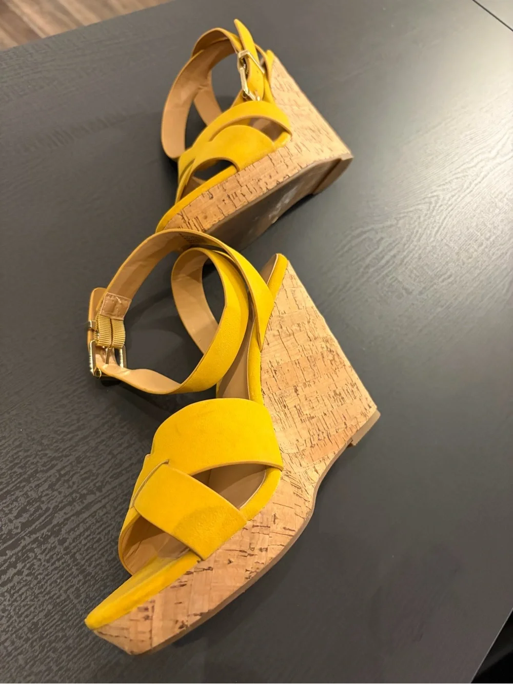 H&M Yellow Cork Wedge Sandals with Ankle Buckle